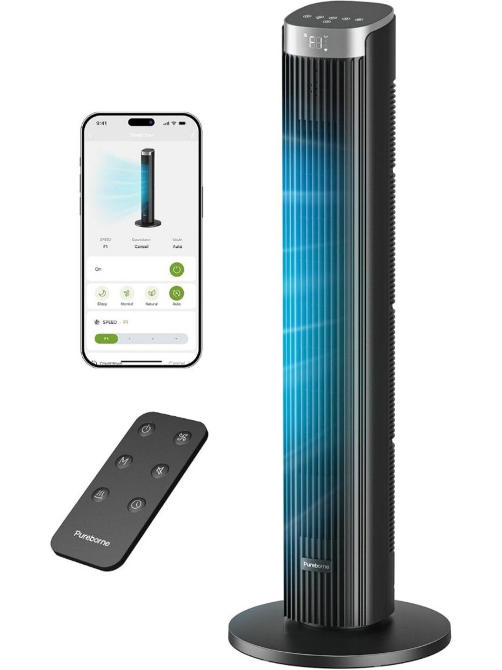 Quiet 23dB Oscillating Tower Fan for Bedroom, Smart Control, Sleek Black Design